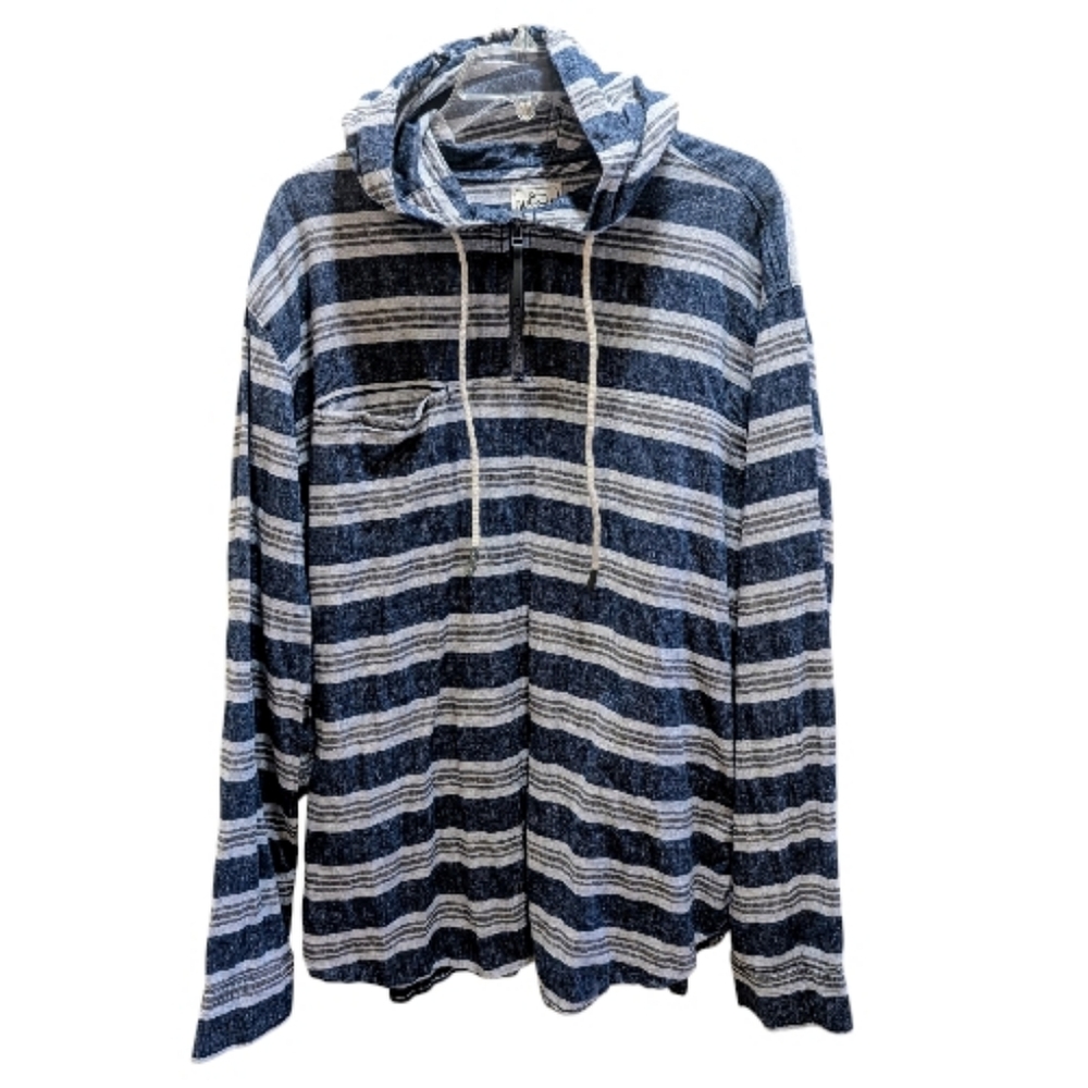 Woolrich Striped Blue and White Hooded Long Sleeve Shirt X-Large